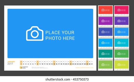 Wall Monthly Calendar for 2017 Year. 12 Months. Vector Design Print Template with Abstract Background. Place for Photo. Landscape Orientation