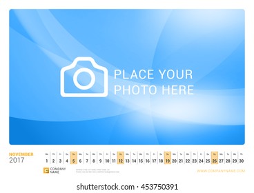Wall Monthly Calendar for 2017 Year. November. Vector Design Print Template with Abstract Background. Place for Photo. Landscape Orientation