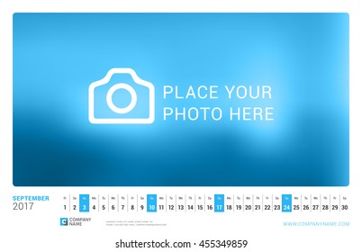 Wall Monthly Calendar for 2017 Year. September. Vector Design Print Template with Place for Photo. Landscape Orientation