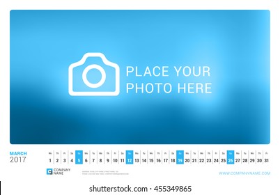 Wall Monthly Calendar for 2017 Year. March. Vector Design Print Template with Place for Photo. Landscape Orientation