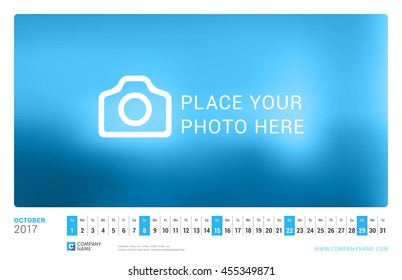 Wall Monthly Calendar for 2017 Year. October. Vector Design Print Template with Place for Photo. Landscape Orientation