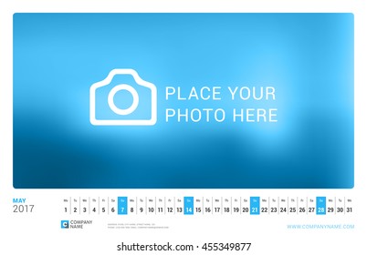 Wall Monthly Calendar for 2017 Year. May. Vector Design Print Template with Place for Photo. Landscape Orientation