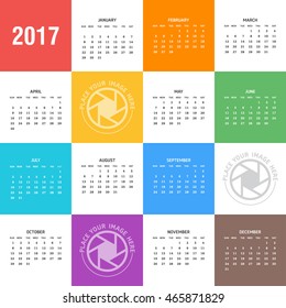 Wall Monthly Calendar for 2017 Year. Flat design background. Vector Design Print Template with Place for Photo. Portrait Orientation. Set of 12 Months