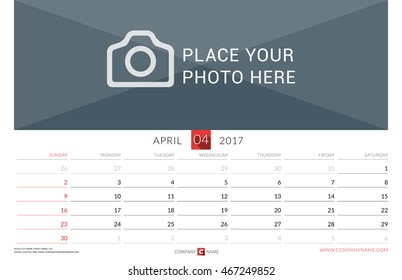 Wall Monthly Calendar for 2017 Year. Vector Design Print Template. Week Starts Sunday. Landscape Orientation. April