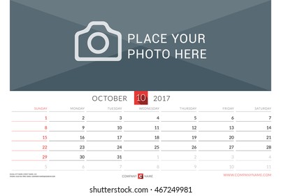 Wall Monthly Calendar for 2017 Year. Vector Design Print Template. Week Starts Sunday. Landscape Orientation. October