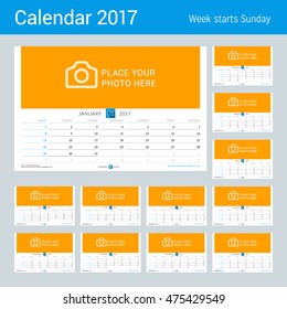 Wall Monthly Calendar for 2017 Year. Vector Design Print Template. Week Starts Sunday. Landscape Orientation. Set of 12 Months