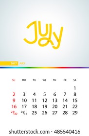 Wall monthly calendar for 2017 year. July. Vector design print template. Week starts sunday. 