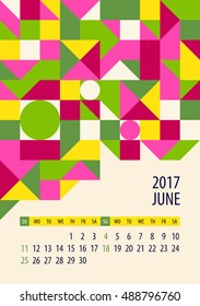 Wall monthly calendar for 2017 year. June. Vector design print template. Week starts sunday.
