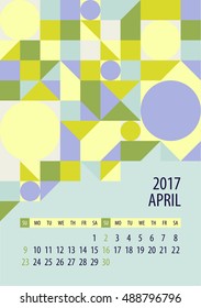 Wall monthly calendar for 2017 year. April. Vector design print template. Week starts sunday.
