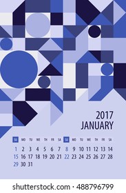 Wall monthly calendar for 2017 year. January. Vector design print template. Week starts sunday.