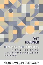 Wall monthly calendar for 2017 year. November . Vector design print template. Week starts sunday.