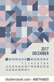 Wall monthly calendar for 2017 year. December. Vector design print template. Week starts sunday.