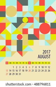 Wall monthly calendar for 2017 year. August. Vector design print template. Week starts sunday.