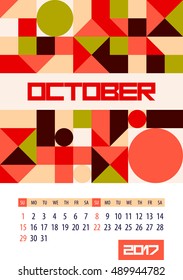 Wall monthly calendar for 2017 year. October. Vector design print template. Week starts sunday.