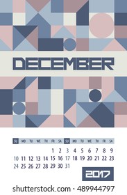 Wall monthly calendar for 2017 year. December. Vector design print template. Week starts sunday.