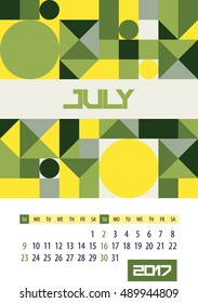 Wall monthly calendar for 2017 year. July. Vector design print template. Week starts sunday.