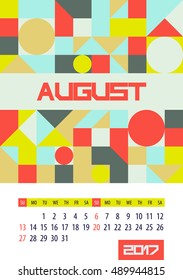 Wall monthly calendar for 2017 year. August. Vector design print template. Week starts sunday.