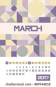 Wall monthly calendar for 2017 year. March. Vector design print template. Week starts sunday.