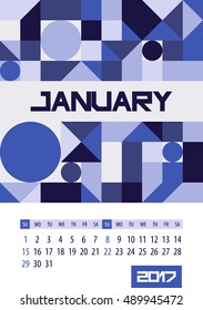 Wall monthly calendar for 2017 year. January. Vector design print template. Week starts sunday.