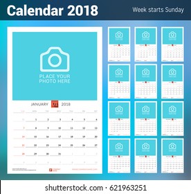 Wall Monthly Calendar for 2018 Year. Vector Design Print Template with Place for Photo. Week Starts on Sunday. Portrait Orientation