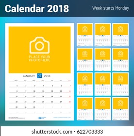 Wall Monthly Calendar for 2018 Year. Vector Design Print Template with Place for Photo. Week Starts on Monday. Portrait Orientation