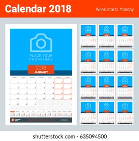 Wall Monthly Calendar for 2018 Year. Vector Design Print Template with Place for Photo and Year Calendar. Set of 12 Months. Week Sarts on Monday