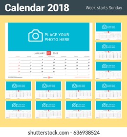 Wall Monthly Calendar for 2018 Year. Set of 12 Months. Vector Design Print Template with Place for Photo. Week Starts on Sunday. Landscape Orientation