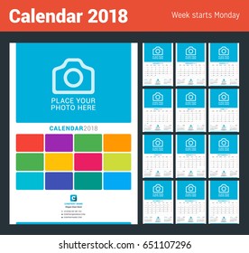 Wall Monthly Calendar for 2018 Year. Vector Design Print Template with Place for Photo. Week Starts on Monday. 3 Months on Page