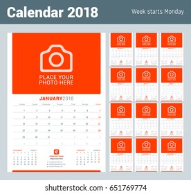 Wall Monthly Calendar for 2018 Year. Vector Design Print Template with Place for Photo. Week Starts on Monday. 3 Months on Page