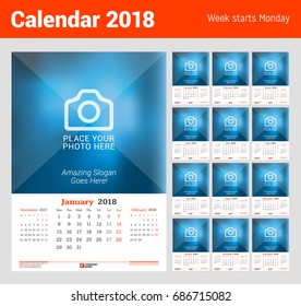 Wall Monthly Calendar for 2018 Year. Vector Design Print Template with Place for Photo. Week Starts on Monday