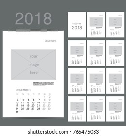 Wall Monthly Calendar for 2018 Year. Vector Design Print Template with Place for photo and text. A3, A2 or bigger. Week Starts Monday. Portrait Orientation. Set of 12 Months. 13 pages