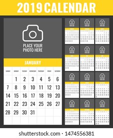 Wall Monthly Calendar for 2019 Year. Vector Design Print Template with Place for Photo. Vector illustration.