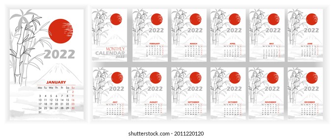 Wall Monthly Calendar 2022. Vertical photo calendar 2022 year in English with sun, mountain, bamboo. Japanese style. Cover Calendar, 12 months templates. Week starts from Monday. Vector illustration