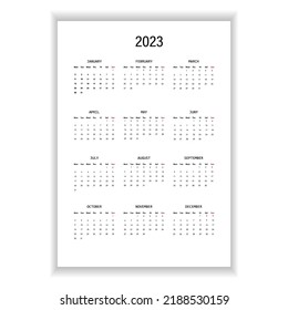 Wall Monthly Calendar 2023. Simple monthly vertical  calendar Layout for 2023 year in English. Calendar, 12 months template. Week starts from Monday. Vector illustration
