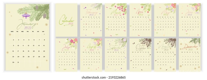 Wall Monthly Calendar 2023. Simple monthly vertical hand drawn, watercolor calendar Design 2023 in English. Cover, 12 months templates. Week starts from Monday. Vector illustration