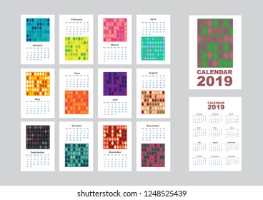 Wall monthly calendar or desk calendar 2019 with abstract diamonds pattern. Calendar sheets and cover. Vector illustration.