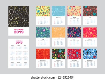 Wall monthly calendar or desk calendar 2019 with abstract pattern. Calendar sheets and cover. Vector illustration.