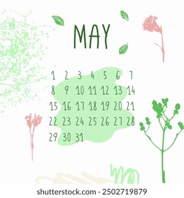 Wall monthly calendar in flat art. Calendar design for the month of May. Simple monthly square cute calendar planner minimal style. I have all the other months in my portfolio. Vector illustration