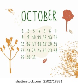 Wall monthly calendar in flat art. Calendar design for the month of October. Simple monthly square cute calendar planner minimal style. I have all the other months in my portfolio. Vector illustration