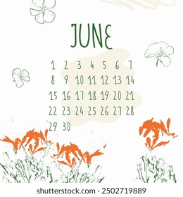 Wall monthly calendar in flat art. Calendar design for the month of June. Simple monthly square cute calendar planner minimal style. I have all the other months in my portfolio. Vector illustration