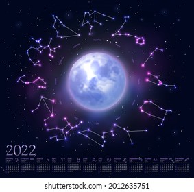 Wall monthly calendar with glowing zodiac signs. 2022 week starts Sunday calendar with astrological constellations and zodiacal symbols on dark blue starry background