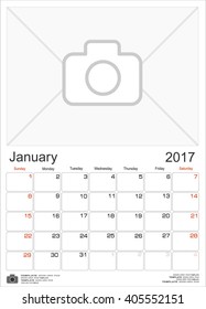 Wall Monthly Calendar for January 2017 Year. Vector Design Print Template with Place for Photo. Week Starts Sunday. Portrait Orientation. 