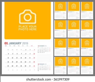 Wall Monthly Calendar Planner for 2016 Year. Vector Design Print Template with Place for Photo and Notes. Week Starts Monday. Set of 12 Pages