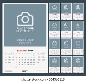 Wall Monthly Calendar Planner for 2016 Year. Vector Design Print Template with Place for Photo and Notes. Week Starts Sunday. Set of 12 Months