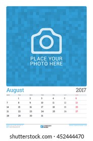 Wall Monthly Calendar Planner for 2017 Year. August. Vector Design Print Template with Place for Photo, Company Logo and Contact Information. Week Starts Monday. Stationery Design