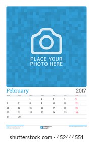 Wall Monthly Calendar Planner for 2017 Year. February. Vector Design Print Template with Place for Photo, Company Logo and Contact Information. Week Starts Monday. Stationery Design