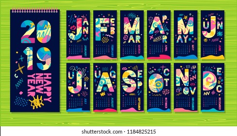 Wall Monthly Calendar template 2019. Vertical monthly calendar template, lettering typography.  Blue background. Weeks start on sunday. Hand drawn vector elements, lettering.
