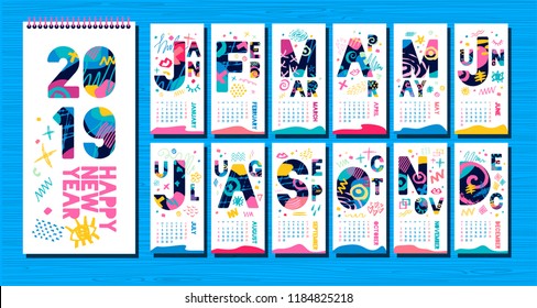 Wall Monthly Calendar template 2019. Vertical monthly calendar template, lettering typography. White background. Weeks start on sunday. Hand drawn vector elements, lettering.