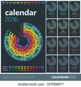 Wall Monthly Calendar. Vector Design Print Template, 12 Months, circle timeline concept. Week Starts Sunday. Calendar 2016. Workflow layout, timeline, diagram, presentation.