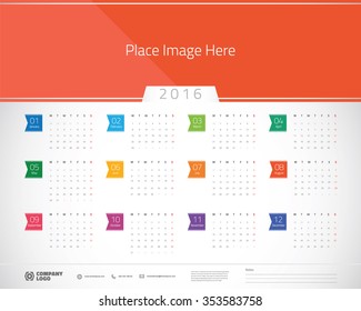 Wall Monthly Calendar Vector Design Print Template with Place for Photo. Week Starts Monday. Landscape Orientation.